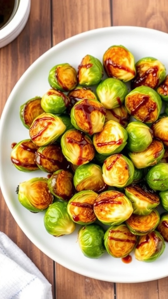 Crispy air fryer Brussels sprouts drizzled with balsamic glaze on a rustic wooden table.